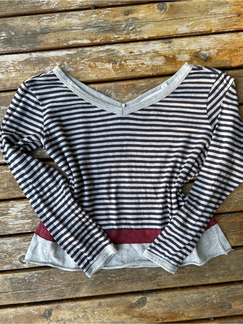 Wilt Striped V‑Neck Long Sleeve Top in Black, Gray and Wine